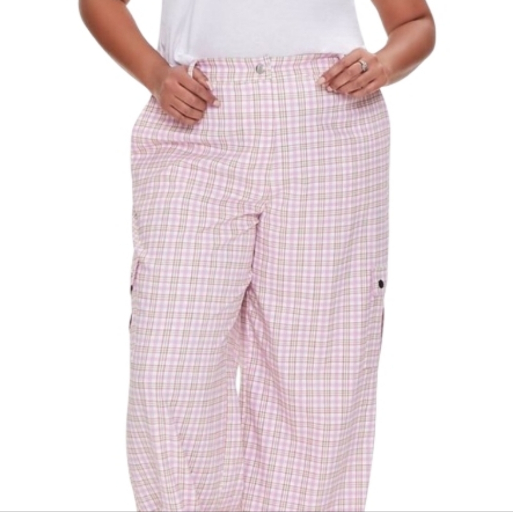 FOREVER 21 Pink Plaid Wide Leg Cargo Pants 1X Academia Preppy Barbiecore